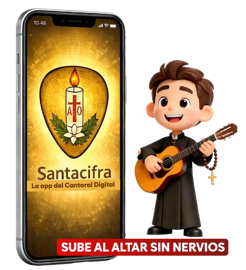 App SantaCifra con personaje músico católico